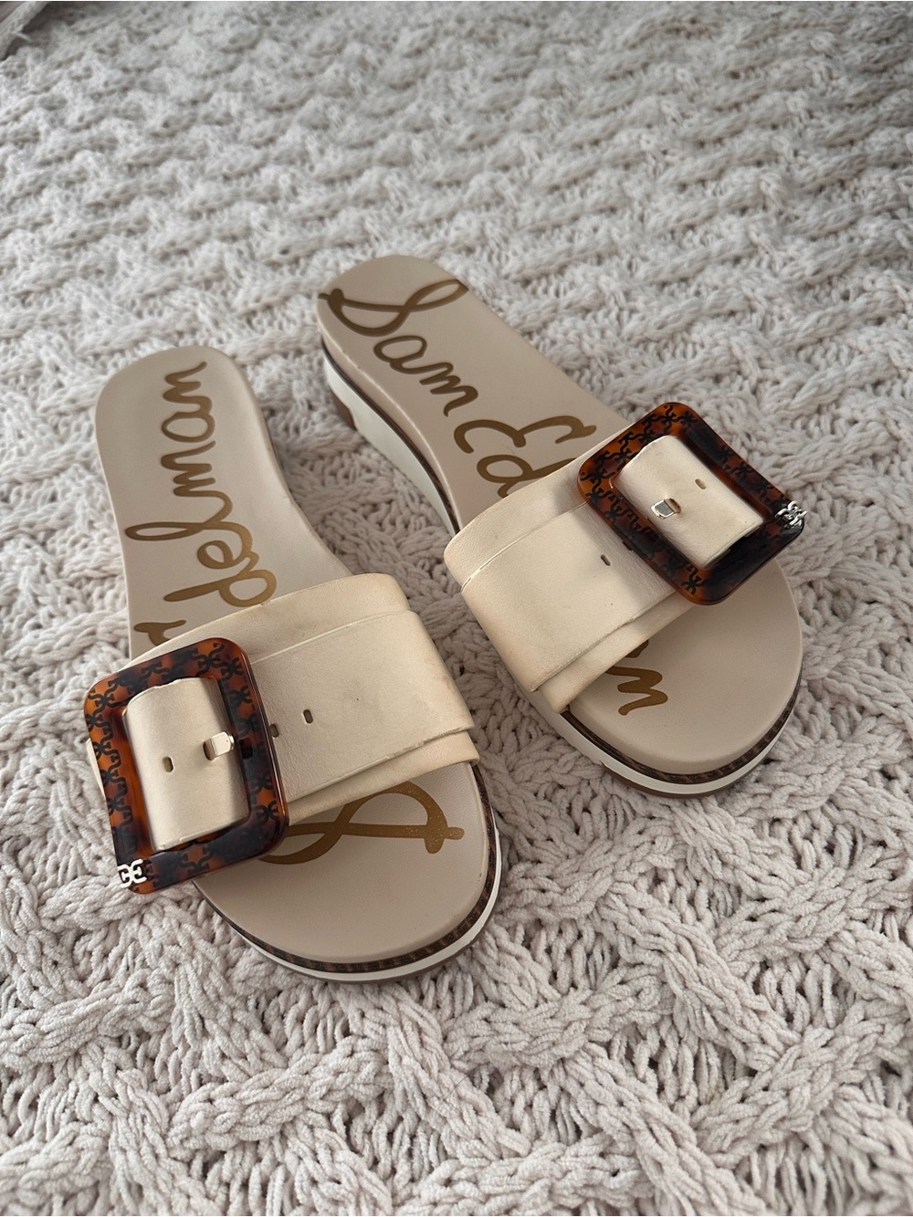 Sam Edelman Cream Slide Sandals with Tortoiseshell Buckle Accent